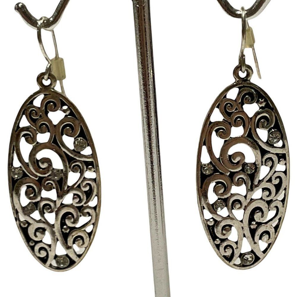 silver tone openwork scroll dangle hook earrings Filigree Rhinestone